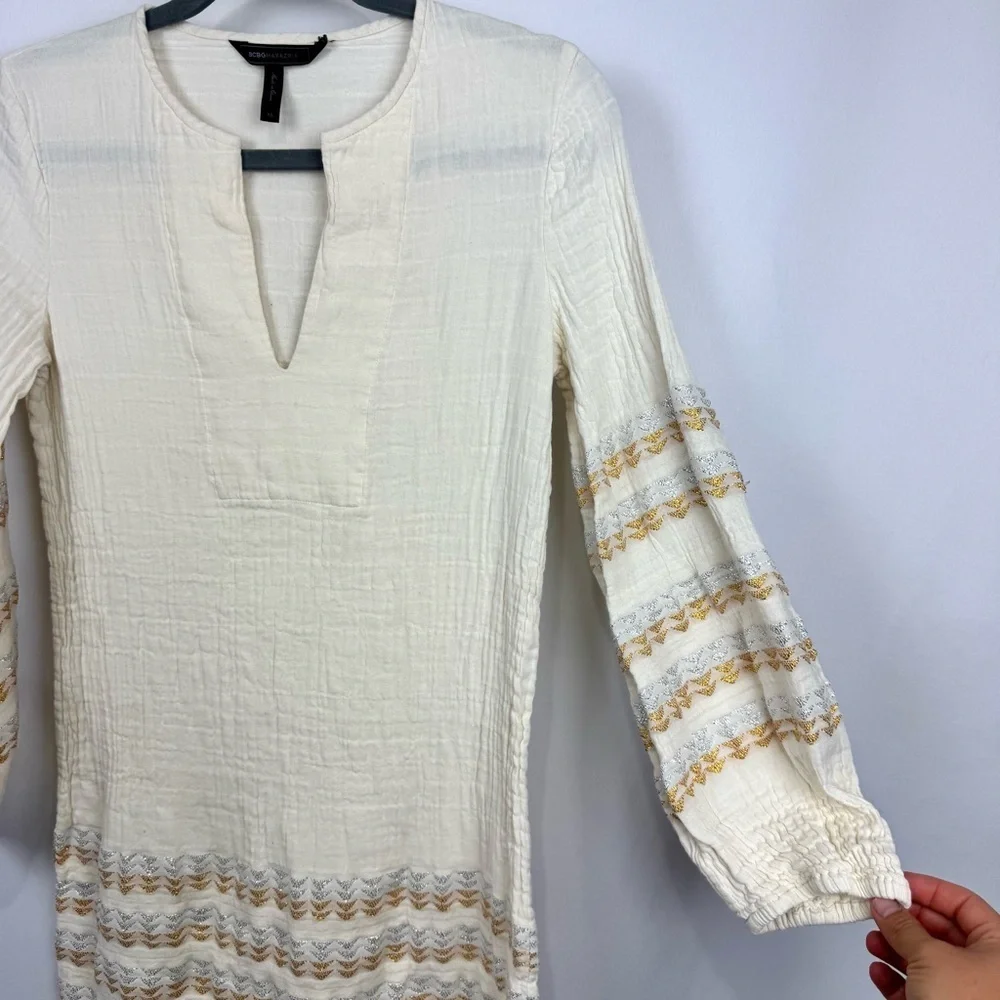 BCBGMAXAZRIA Keely Tunic Dress Long Sleeve Metallic Stripe Boho Notch Neck Sz XS - Picture 6 of 12